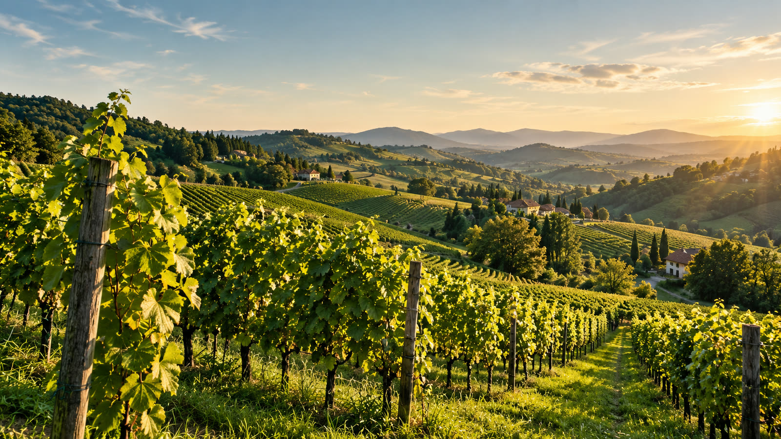 Rebzeilen im Abendlicht mit Blick über die Hügel der Südsteiermark